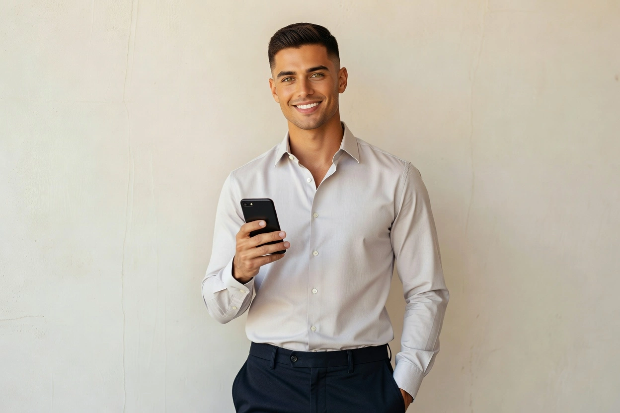 Jeune homme souriant naturellement devant un mur texturé, tenant son téléphone pour consulter Tinder
