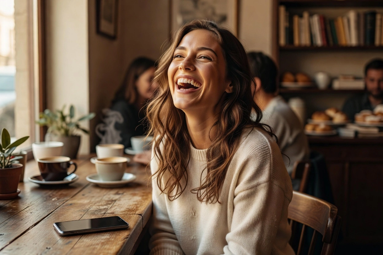 Jeune femme riant aux éclats dans un café chaleureux avec son smartphone posé sur la table
