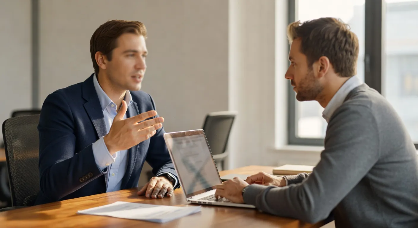 Coach et client en discussion devant un ordinateur portable, visages flous