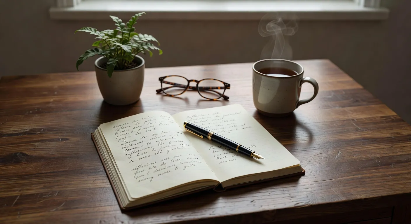 Bureau de psychologue avec carnet de notes et stylo, lumière naturelle