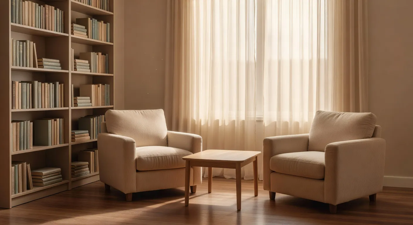 Cabinet de consultation au mobilier sobre, fauteuil et bibliothèque, ambiance feutrée