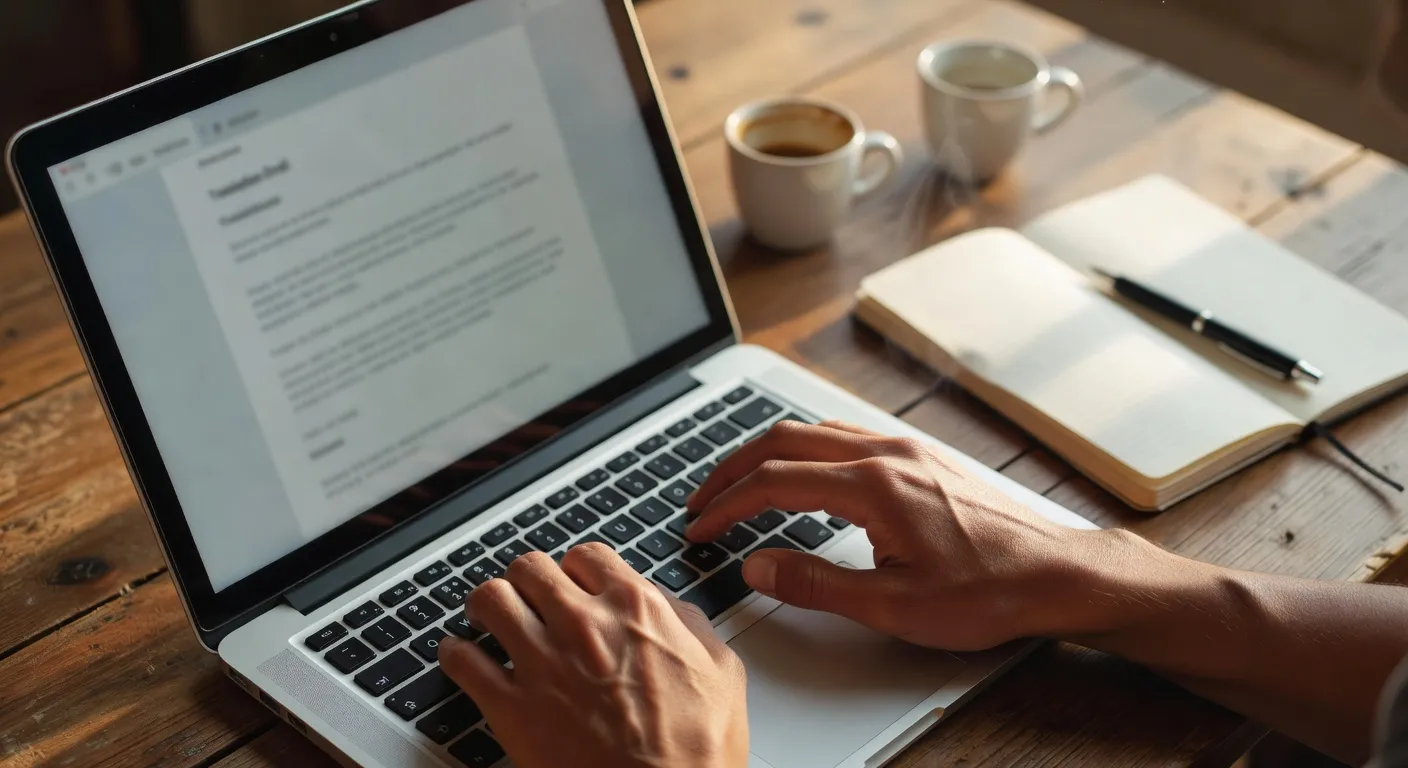 Personne traduisant un texte sur ordinateur, lumière de bureau chaude, vue de dessus