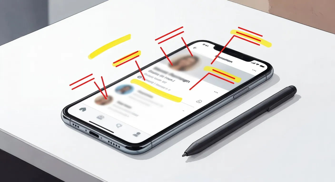 Smartphone affichant un profil de rencontre flou avec des annotations éditoriales
