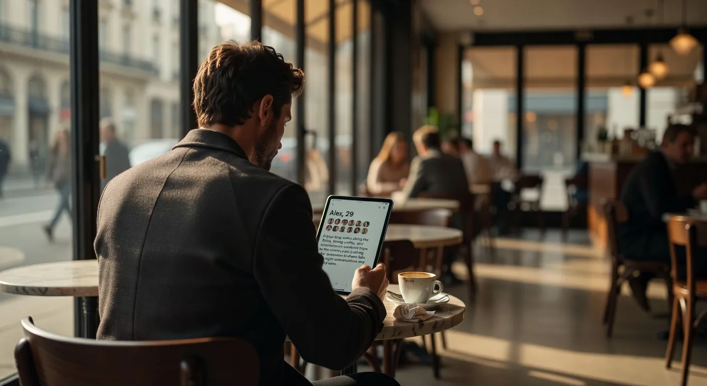 Personne relisant son profil de rencontre sur tablette dans un café