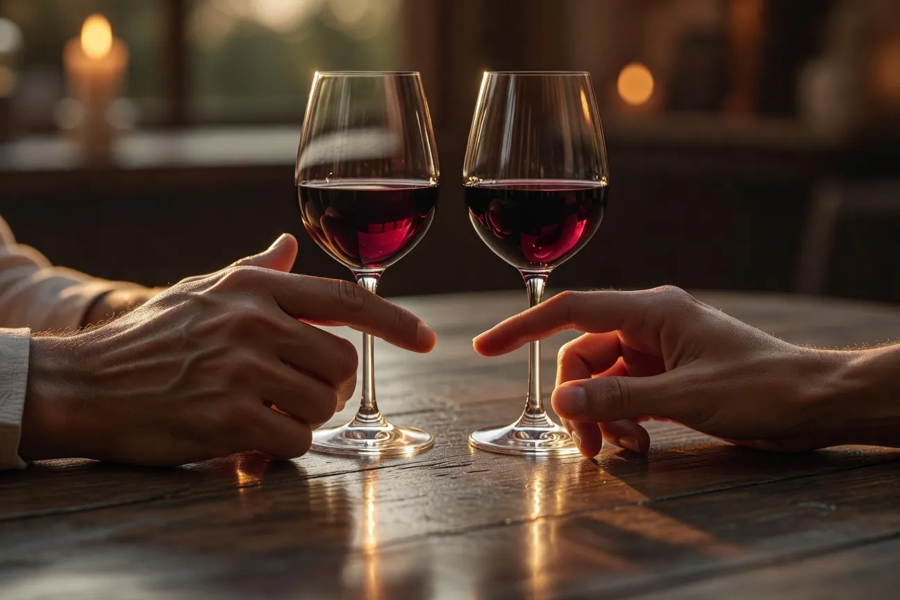 Mains se rapprochant sur une table en bois entre deux verres, lumière chaude