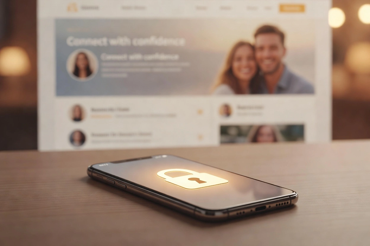 Smartphone avec icône de cadenas posé devant un écran de site de rencontre, symbolisant la protection des données