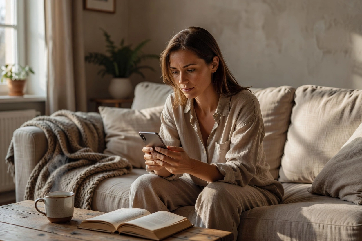 Femme regardant attentivement son smartphone dans un salon confortable, lumière naturelle douce