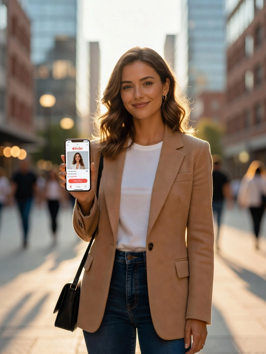 Jeune femme stylée tenant un smartphone affichant l'interface Tinder dans un environnement urbain ensoleillé