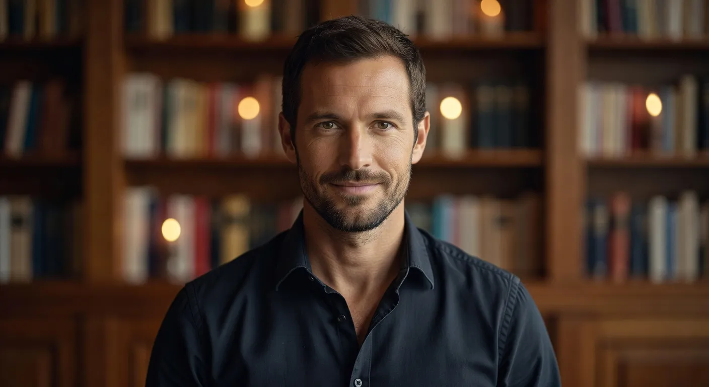 Portrait éditorial de Thomas Vergnaud, coach séduction à Lyon, en chemise sombre devant une bibliothèque floue