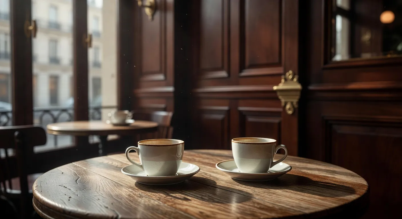 Café parisien avec deux tasses de café posées sur une table en bois, lumière naturelle de matin