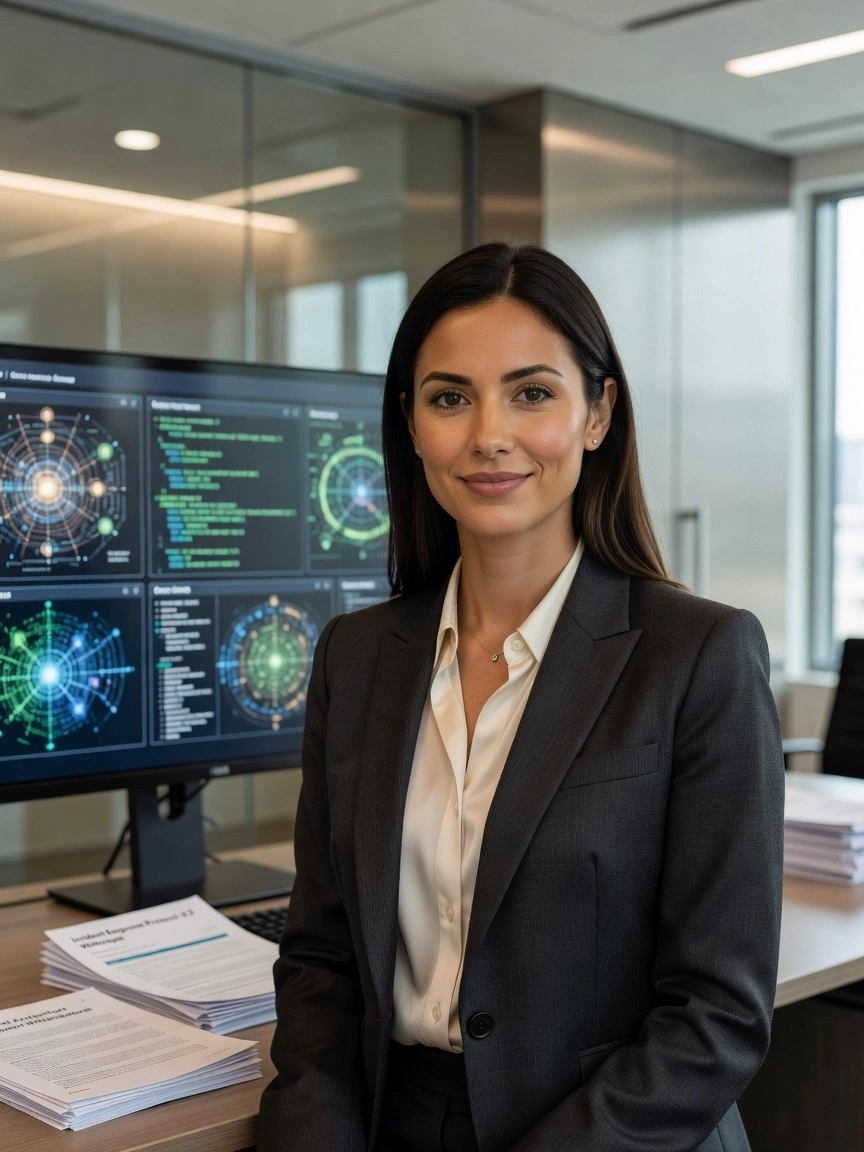 Claire Moreau, experte en cybersécurité relationnelle, dans un bureau moderne avec écrans de données en arrière-plan