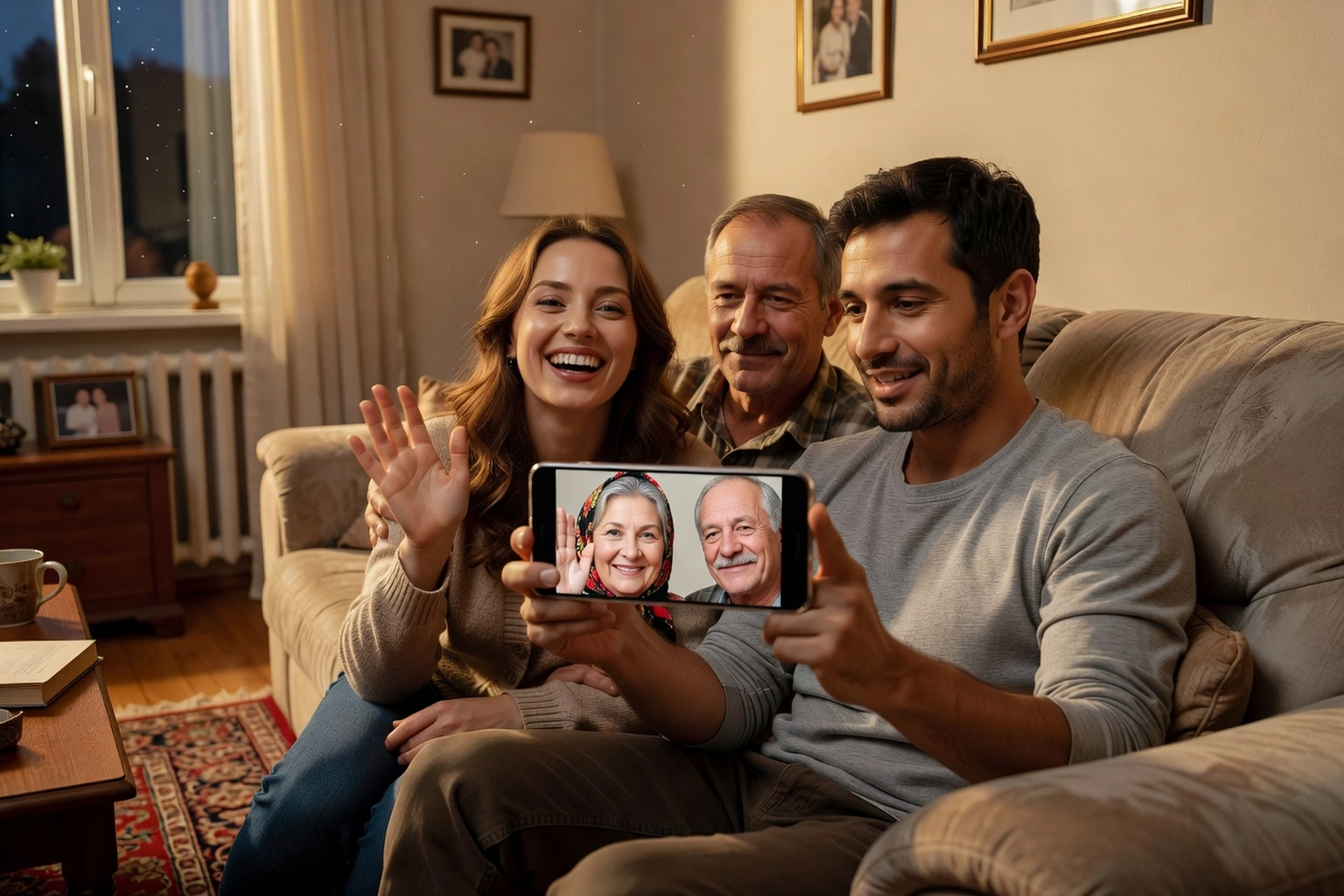 couple mixte souriant lors d'un appel vidéo avec la belle-famille russe, la grand-mère saluant sur l'écran du smartphone