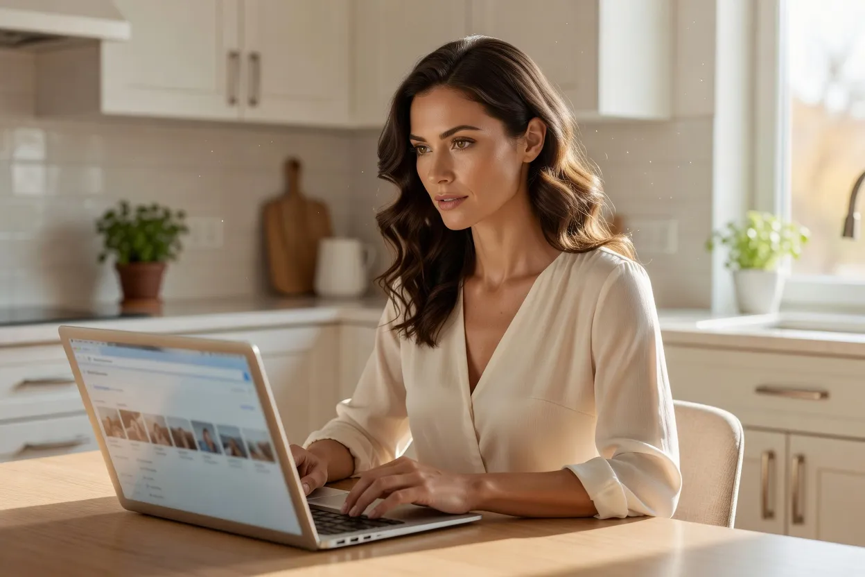 Femme concentrée effectuant une recherche d'image inversée sur ordinateur portable pour vérifier un profil de rencontre, intérieur lumineux