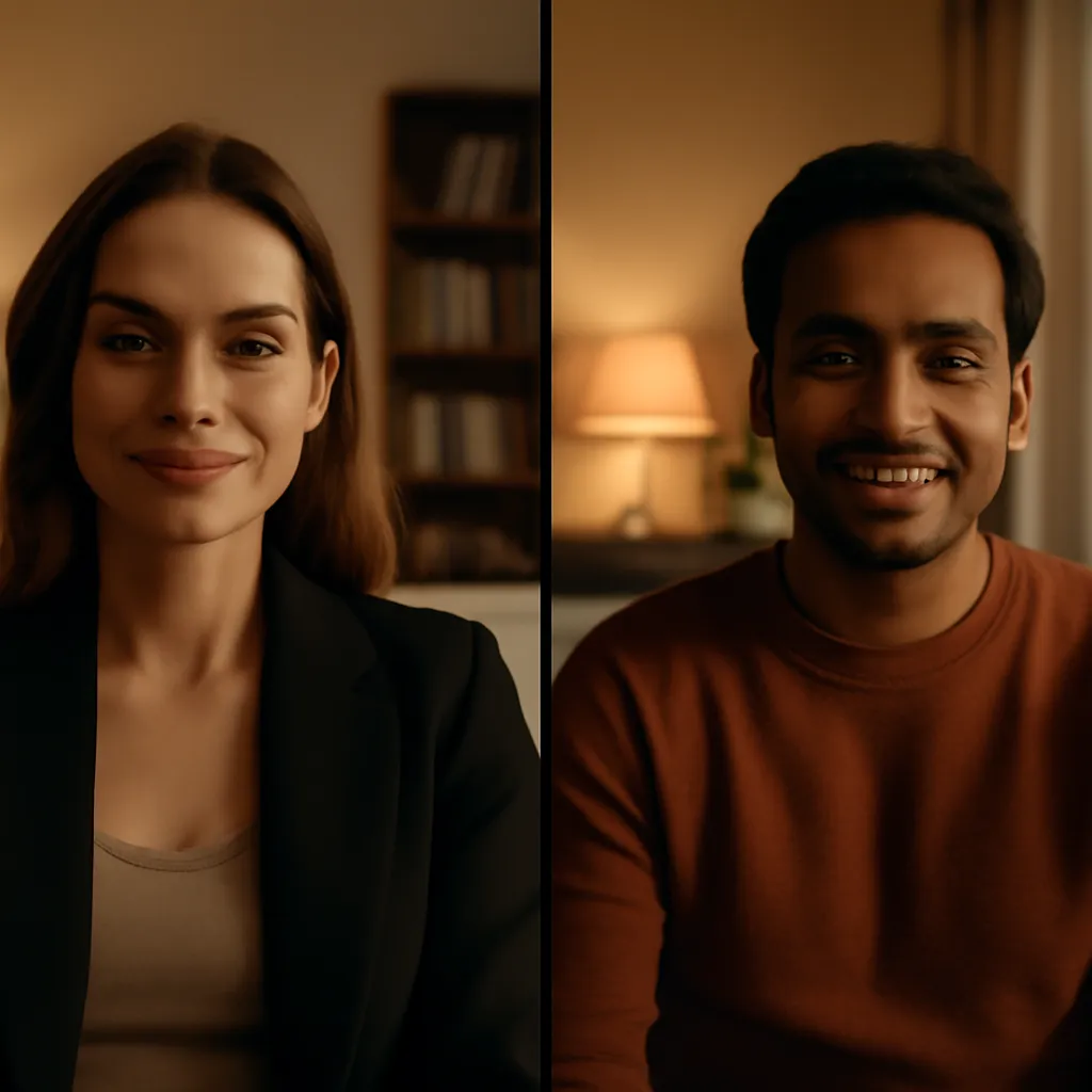 Deux personnes en appel vidéo depuis des pays différents, chacune dans son salon