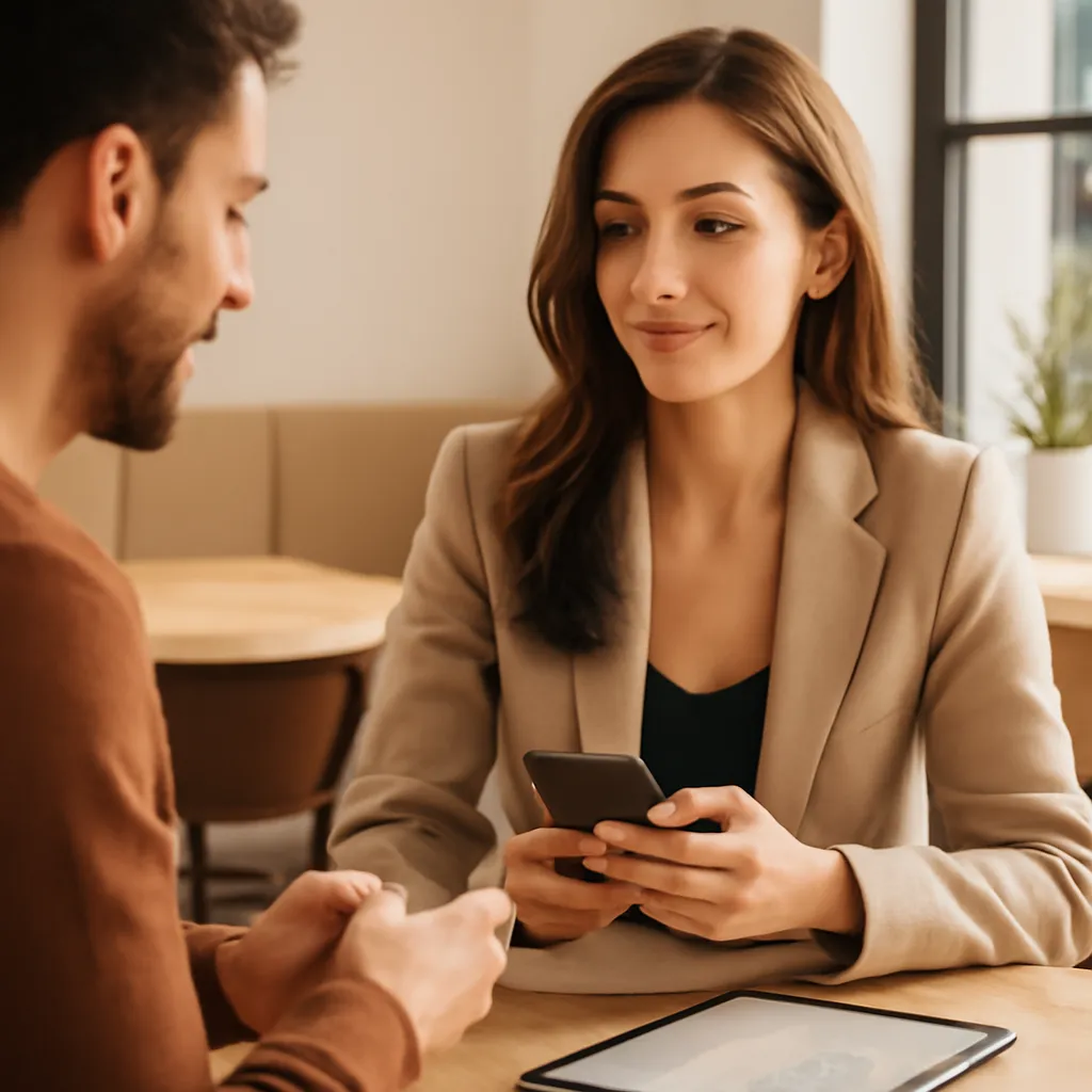 Deux adultes discutant devant leurs téléphones dans un café lumineux, avec une carte de l'Asie discrètement visible sur une tablette