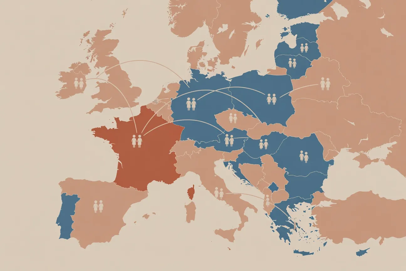 Carte illustrée France-Europe de l'Est avec lignes de connexion entre couples internationaux