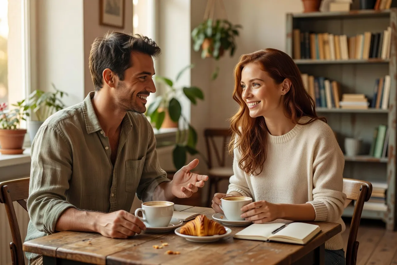 Homme français et femme d'Europe de l'Est en conversation dans un café, ambiance naturelle
