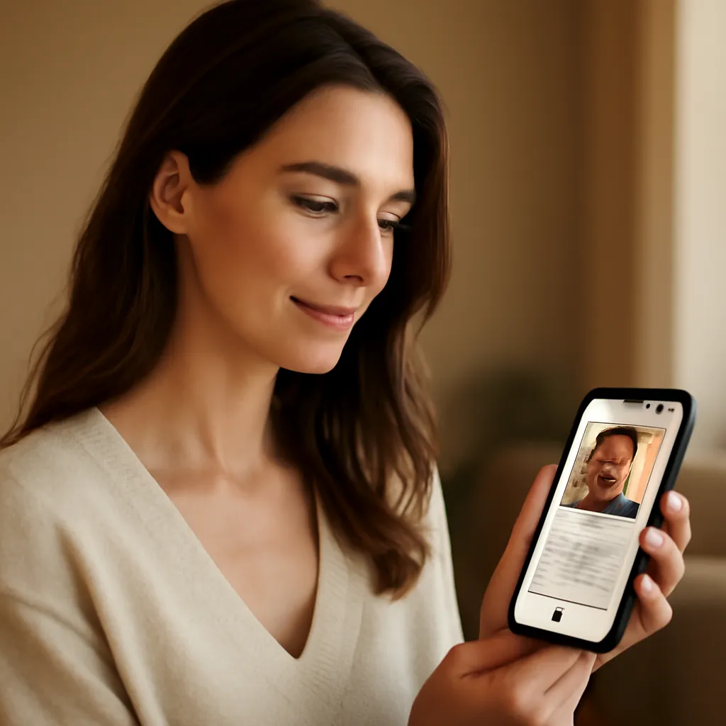 Vue rapprochée d'un téléphone affichant un profil avec une photo, une réponse textuelle et une carte urbaine stylisée, sans texte lisible