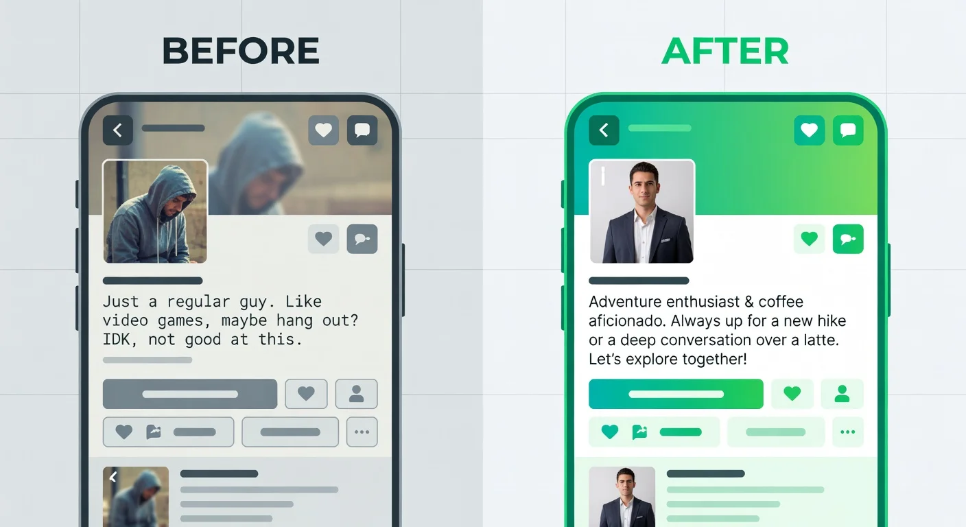 Comparaison avant/après d'une bio de rencontre sur interface stylisée