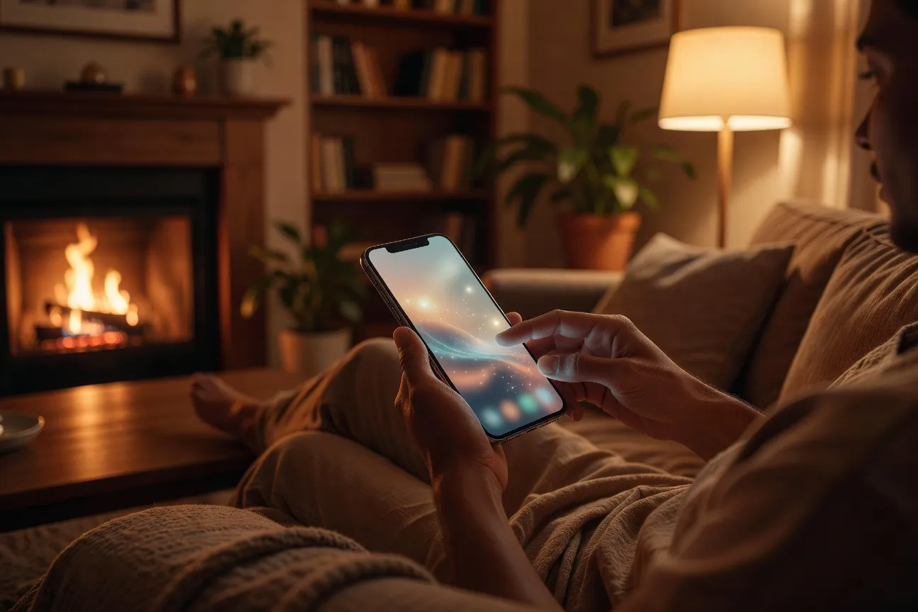 Personne faisant défiler son téléphone, intérieur cosy, lumière chaude, mains visibles