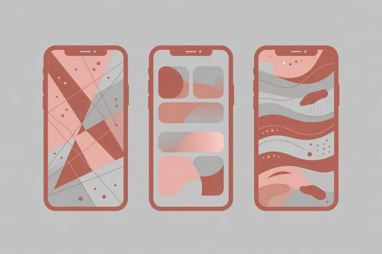 Trois smartphones abstraits illustrant différentes interfaces d'applications de rencontre, design éditorial