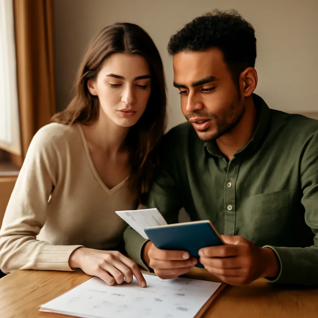 Un couple international prépare un itinéraire de premier voyage avec billets, passeports et calendrier sur une table