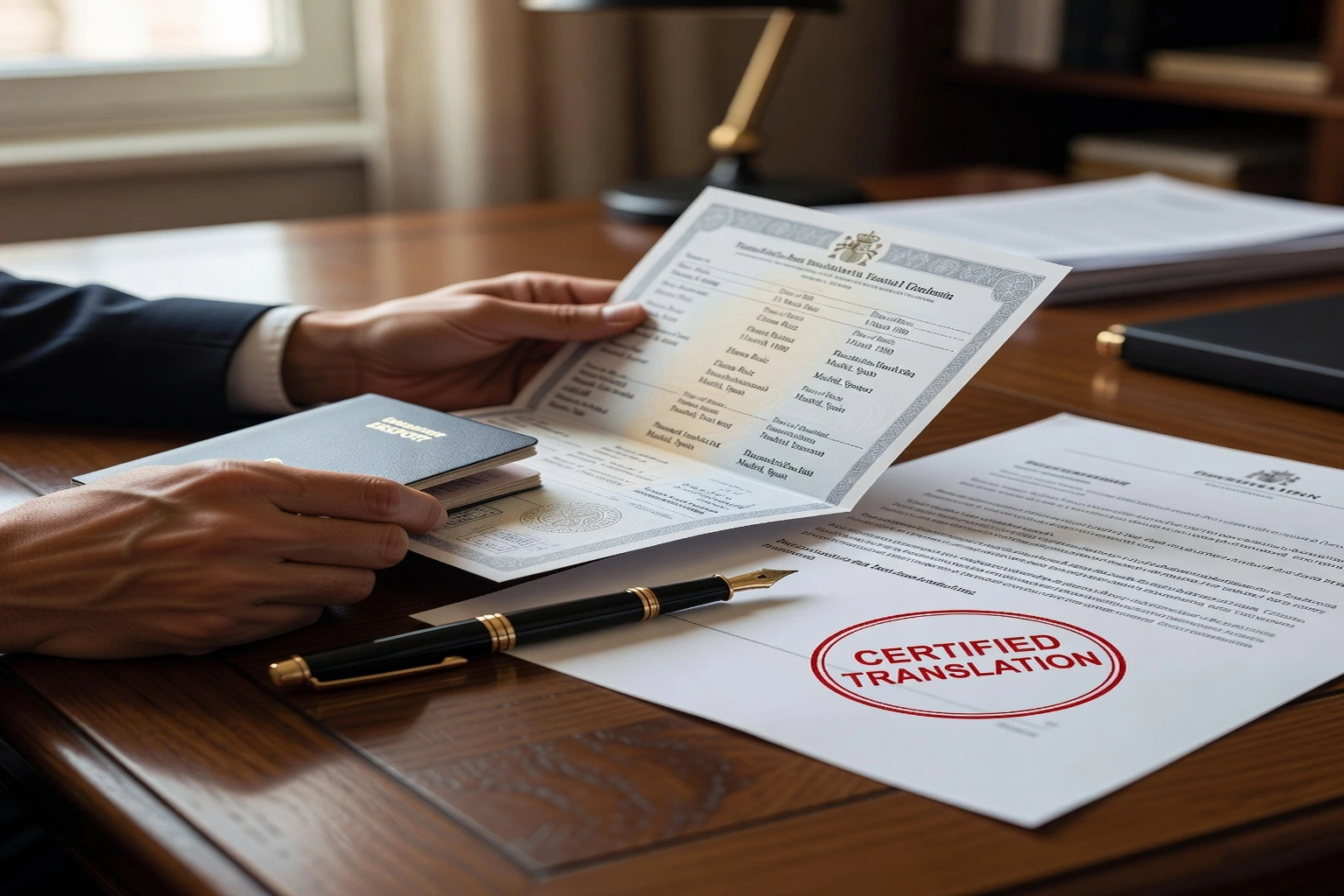 mains présentant un acte d'état civil officiel et une traduction certifiée avec cachet rouge posés sur un bureau en bois