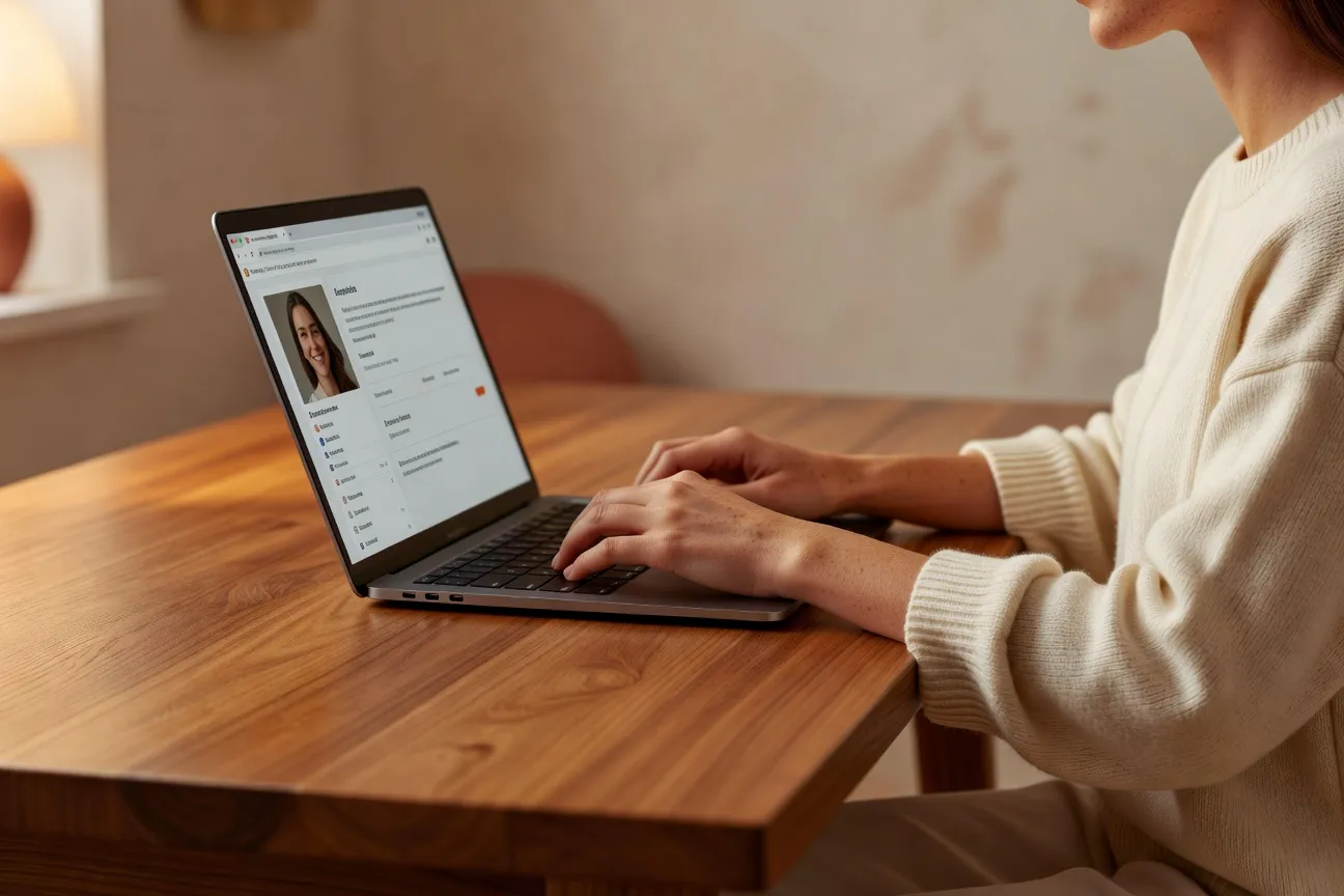 Illustration d'un profil Meetic ouvert sur ordinateur portable, ambiance éditoriale chaude