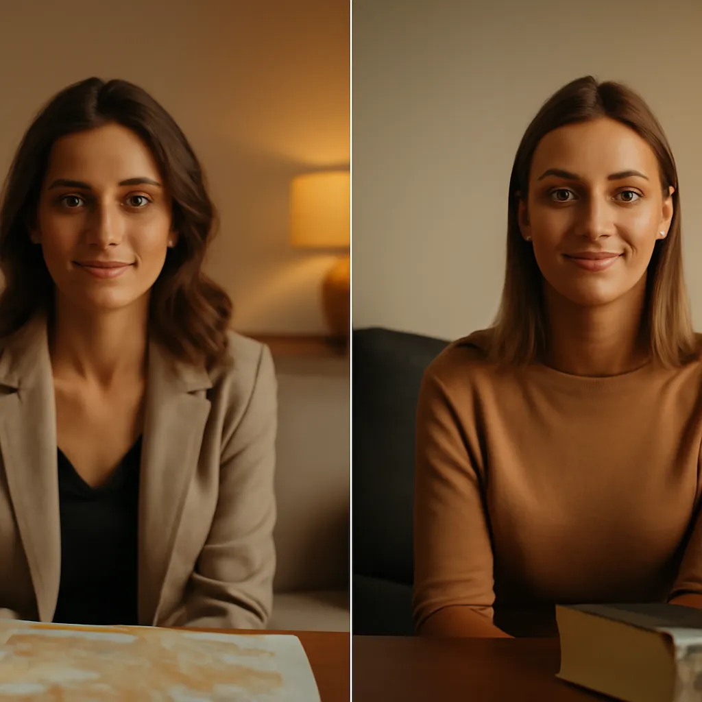 Deux personnes discutant en visioconférence depuis la France et la Russie, avec une carte et un dictionnaire posés sur les bureaux