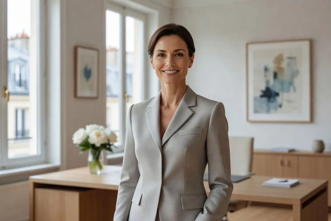 Portrait éditorial d'Isabelle Favre, directrice d'agence matrimoniale franco-russe, Paris, bureau élégant