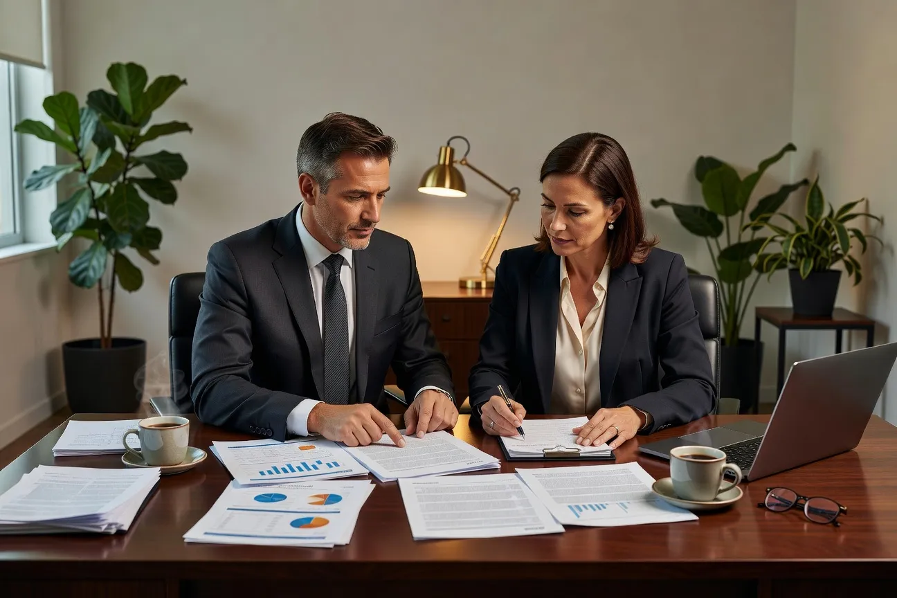 Deux personnes en consultation, documents sur la table, bureau professionnel, lumière chaude