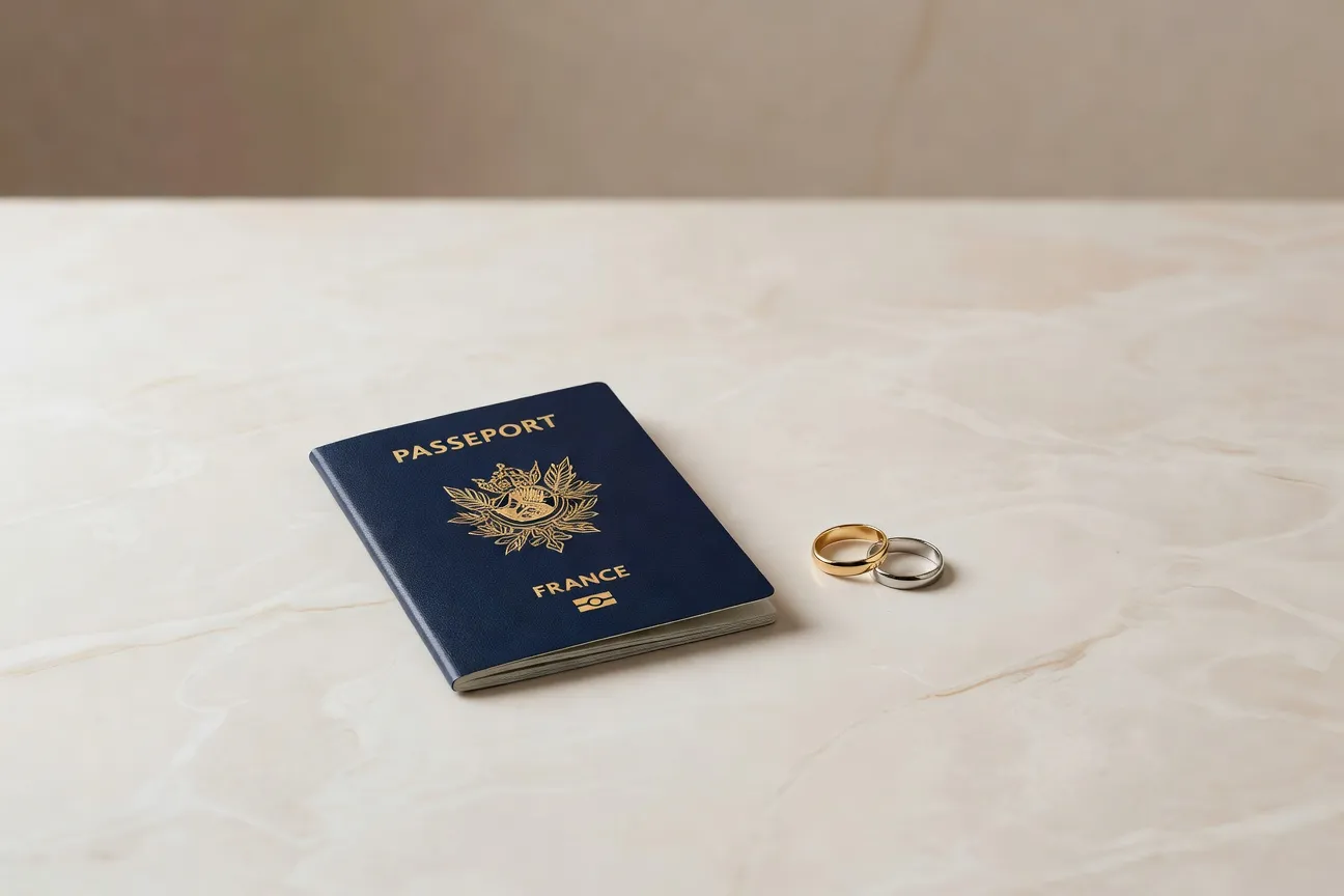 Passeport français et alliances posés sur surface neutre élégante, photo éditoriale symbolique