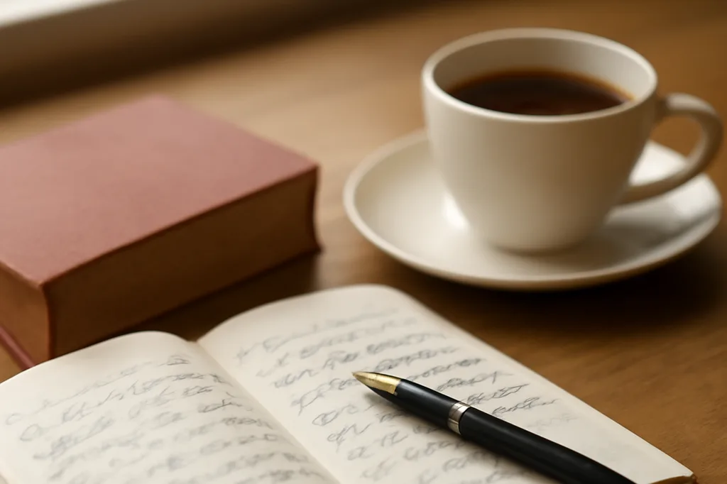 carnet d'apprentissage ouvert sur un bureau en bois avec un stylo plume et une tasse de thé, lumière douce