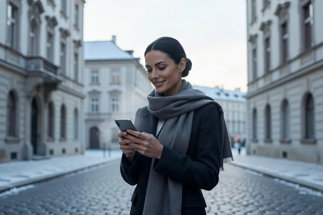 femme en manteau d'hiver lisant un message sur son téléphone dans une rue pavée d'Europe centrale