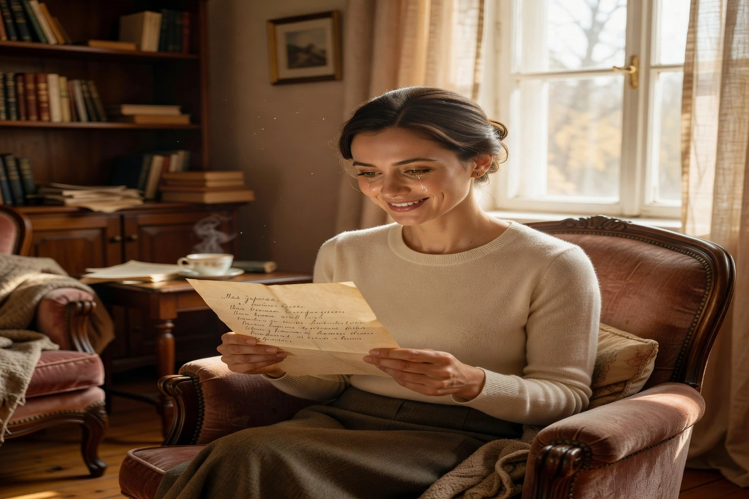 femme souriante lisant une lettre manuscrite en alphabet cyrillique dans un fauteuil près d'une fenêtre lumineuse
