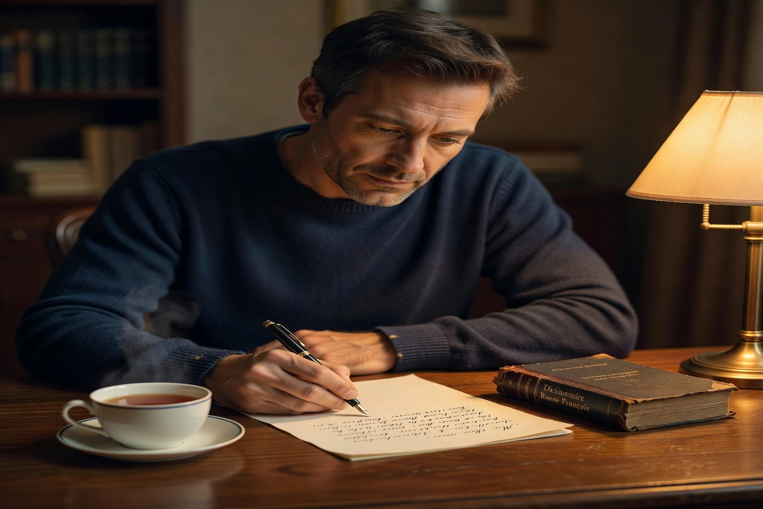 homme écrivant une lettre manuscrite à son bureau un soir, dictionnaire russe-français et tasse de thé posés à côté de la feuille