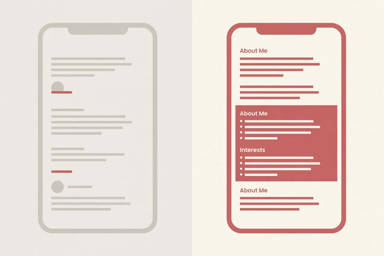 Illustration comparant une bio Meetic vague et une bio concrète sur smartphone