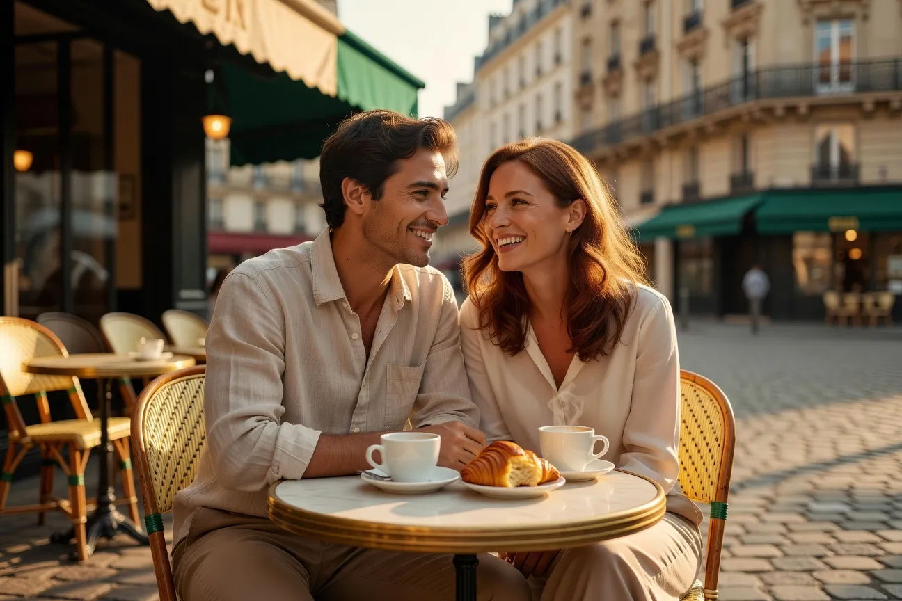 Couple en café souriant, ambiance éditoriale, rencontre réussie via Meetic
