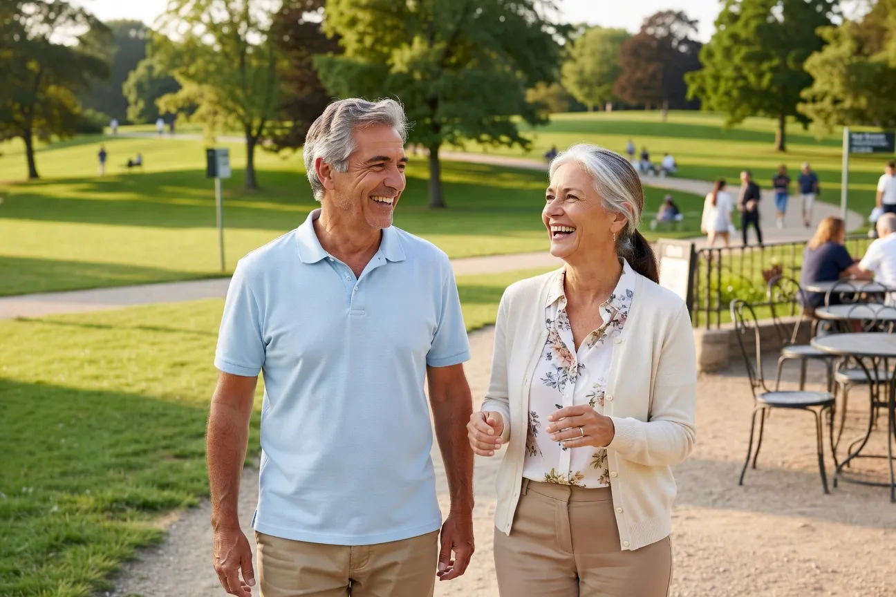 Couple senior souriant en extérieur, 55-65 ans, lumière naturelle, ambiance joyeuse et authentique