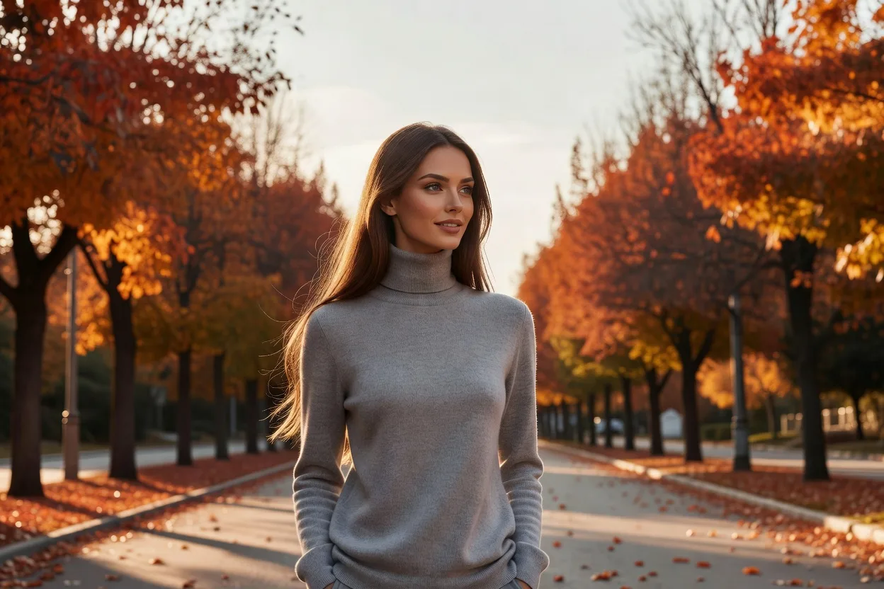 femme marchant sur un boulevard bordé d'arbres en automne, sourire discret, contre-jour doré