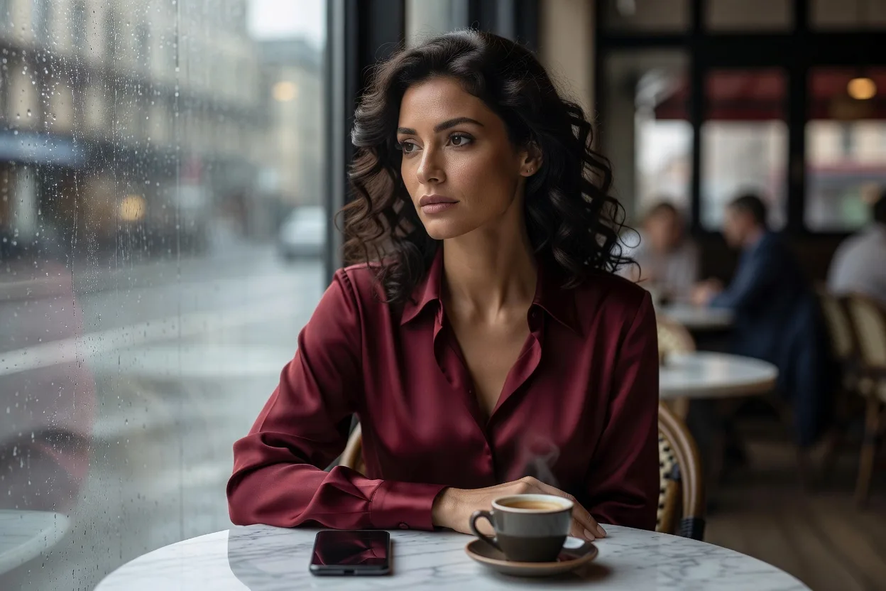 femme pensive dans un café face à une fenêtre pluvieuse, smartphone posé face contre table