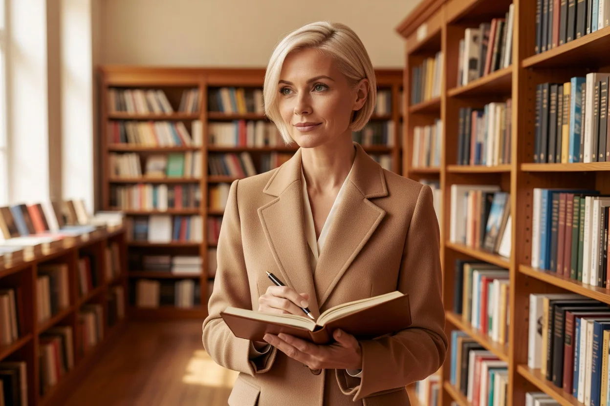 femme en manteau camel prenant des notes dans un carnet au milieu des rayonnages d'une librairie ensoleillée