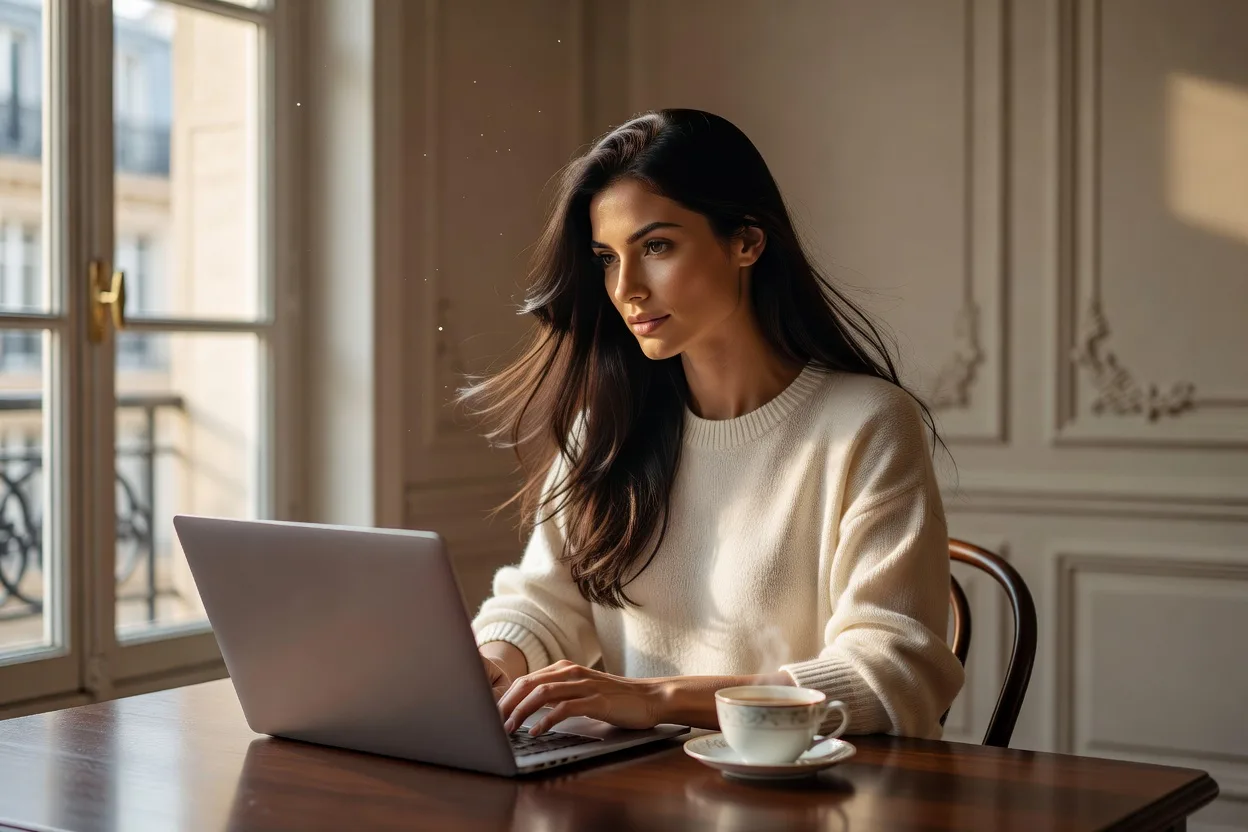 femme élégante rédigeant la description de son profil de rencontre sur un ordinateur portable près d'une fenêtre lumineuse