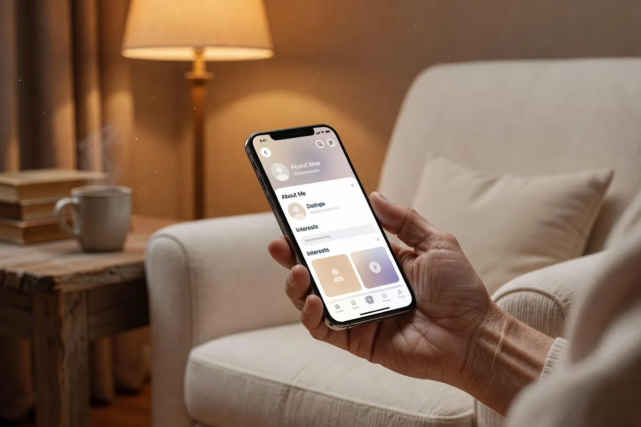 Smartphone avec profil de rencontre senior ouvert, main d'une personne mature, intérieur chaleureux