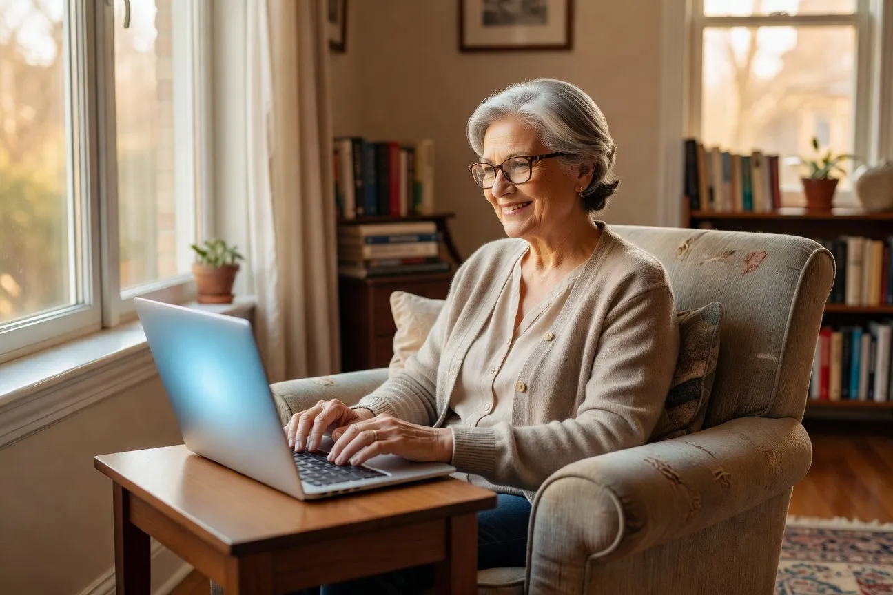 Femme senior souriante devant son ordinateur portable, lumière naturelle, chez elle