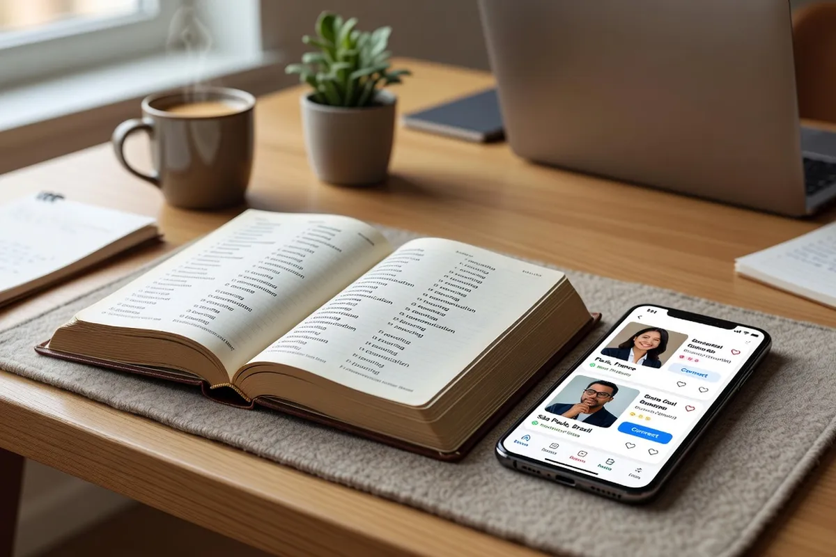 Profil de rencontre bilingue affiché sur un smartphone avec deux sections linguistiques distinctes clairement séparées
