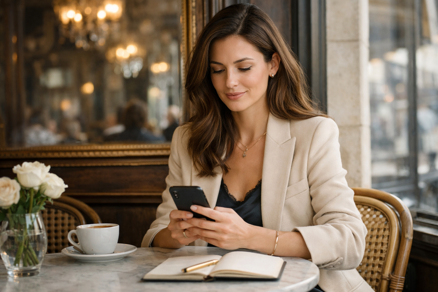 Portrait éditorial d'une femme élégante préparant un profil de rencontre
